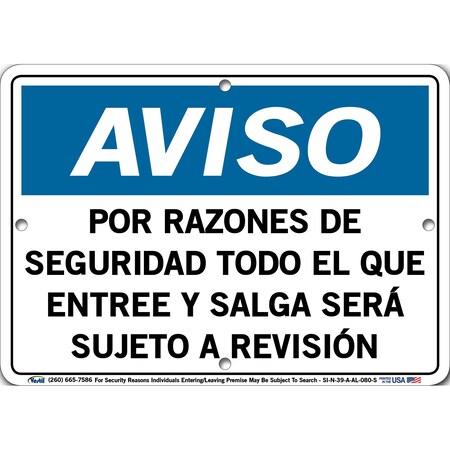 Vestil Aluminum Sign, 7-1/2" Height, 10-1/2" Width, Aluminum, Rectangle, Spanish SI-N-39-A-AL-080-S